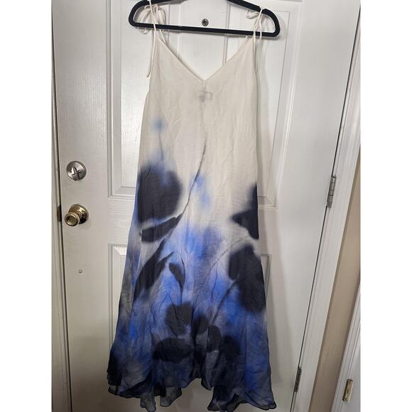 Zara Dress Womens Medium Blue White Tie Dye Maxi Ramie Summer Boho Flowy Beach - Picture 7 of 9